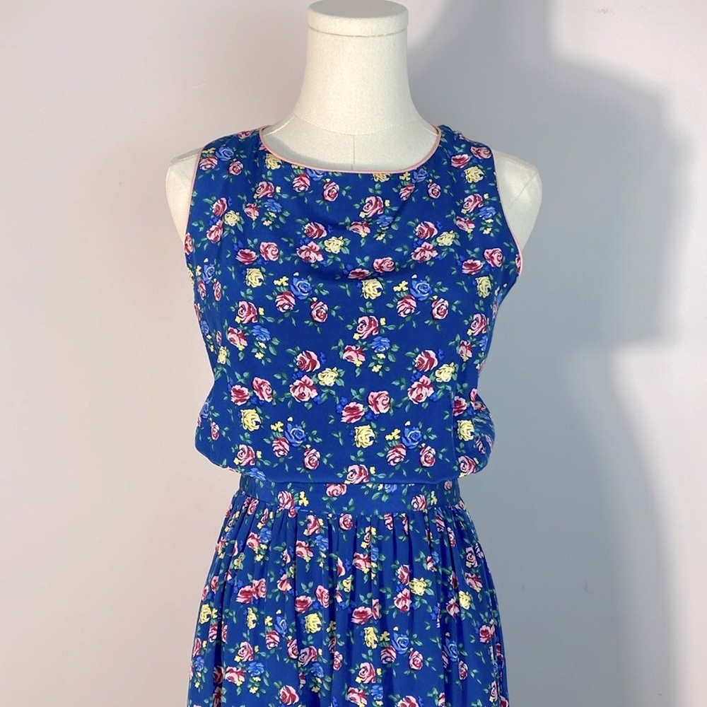 Vintage Silk Allen Solly Floral Blue Sleeveless Midi Dress Prairie size 4